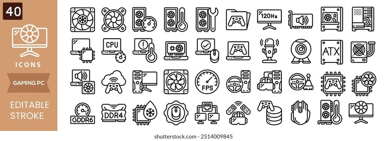 Gaming pc icons set. Game genres and attributes. Lines with editable stroke. Isolated vector icons