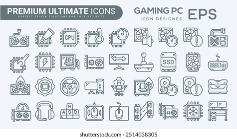 Gaming pc icons set. Game genres and attributes. Lines with editable stroke. Isolated vector icons