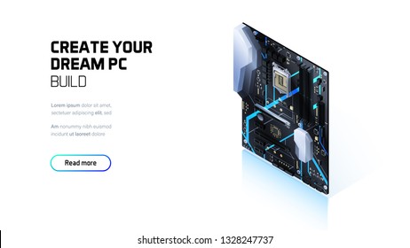 Gaming PC motherboard isometric illustration, custom computer components for workstation, computer store and service