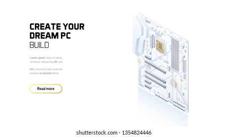 Gaming PC motherboard isometric illustration, custom computer components for workstation, computer store and service