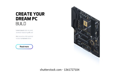 Gaming PC motherboard isometric illustration, custom computer components for workstation, computer store and service