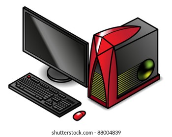 A gaming PC with shiny red case, red mouse and keyboard with red escape key.