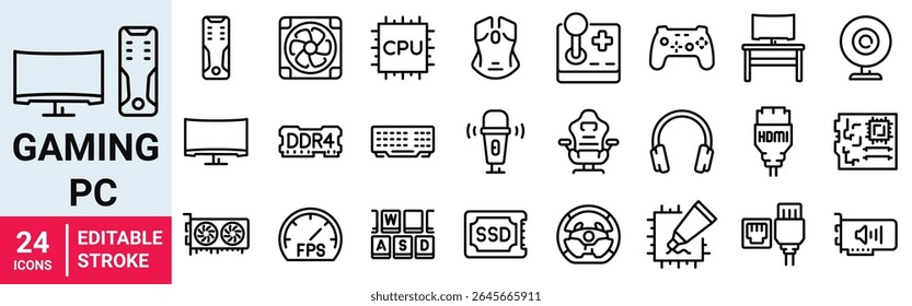 Gaming PC web line icons. Computer and Hardware. RAM memory, ssd cpu processor. Keyboard mouse headphone speakers, laptop monitor server. Webcam. Editable stroke.