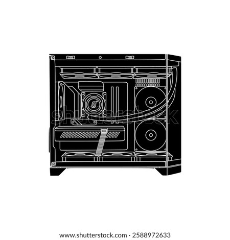 Gaming PC Wireframe black fill vector illustration blueprint. High End Desktop Computer with dual chamber triple tempered glass aquarium case. Suitable for decorative element or guide manual book.