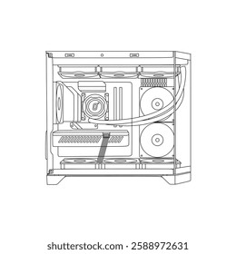 Gaming PC wireframe drawing line vector illustration blueprint. High End Custom Desktop Computer with dual chamber triple tempered glass aquarium case. Suitable for decorative element or manual book.