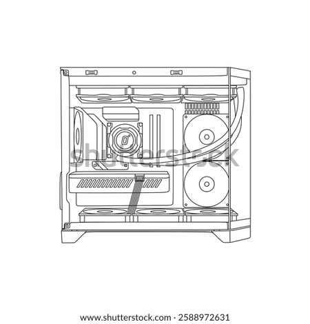 Gaming PC wireframe drawing line vector illustration blueprint. High End Custom Desktop Computer with dual chamber triple tempered glass aquarium case. Suitable for decorative element or manual book.