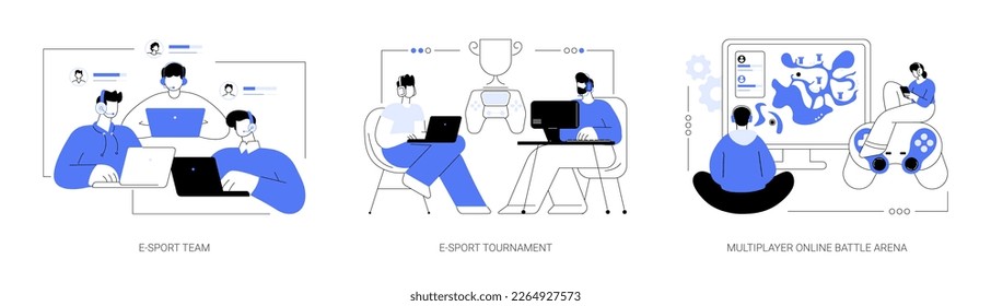 Gaming platform abstract concept vector illustration set. E-sport team and tournament streaming, multiplayer online battle arena, online sport league, game official event abstract metaphor.