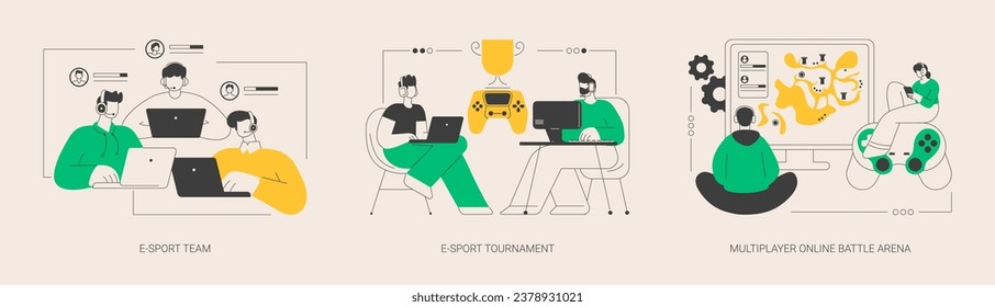 Abstraktes Konzept, Vektorgrafik-Set für Gaming-Plattform. E-Sport-Team und Turnierstreaming, Multiplayer Online-Schlachtfeld, Online-Sportliga, offizielle Event-Metapher.