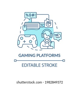 Gaming platforms concept icon. Cyberbullying channel idea thin line illustration. Harassing players with text messages. Post rude comments. Vector isolated outline RGB color drawing. Editable stroke