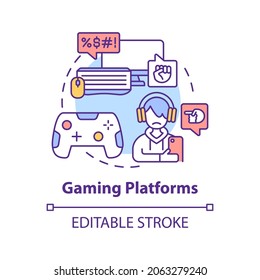 Gaming platforms concept icon. Cyberbullying channel idea thin line illustration. Chatting while playing video games. Posting rude comments. Vector isolated outline RGB color drawing. Editable stroke