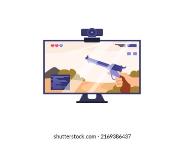 Gaming Powerful Computer Monitor With Shooter Game On Screen, Flat Vector Illustration Isolated On White Background. Pro Gamer Electronic Equipment And PC Display.