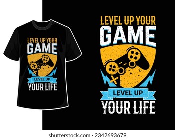 Cita de juego diseño de camiseta o nivelación tu nivel de juego arriba tu plantilla de camiseta de gamer tipografía de vida con texto de motivación creativa y forma vectorial