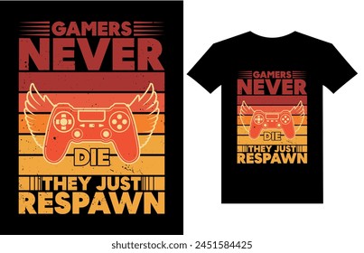 Gaming-Zitate - Gamer sterben nie, sie nur wiederaufleben -Retro Vintage Gamepad Vektorgrafik T-Shirt-Design.