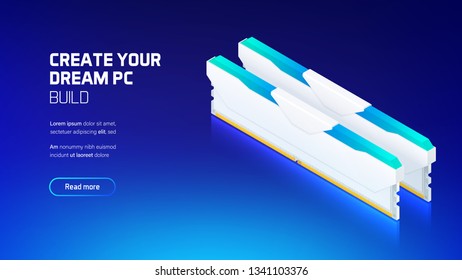 Gaming RAM memory realistic 3d isometric illustration, personal computer hardware components, custom gaming and workstation accessories, pc store and service