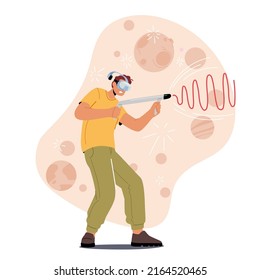 Recreación de juegos, concepto de hobby de simulación de realidad virtual. Hombre Jugador jugando videojuego en VR Goggles disparando con pistola. Futura industria del entretenimiento tecnológico. Ilustración de vectores de personas de caricatura