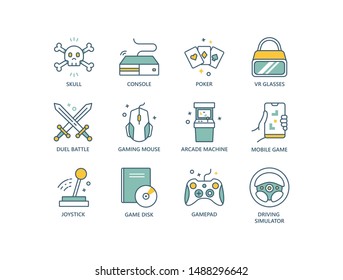 Gaming related colored line icons with skull, console, VR glasses, battle, mouse, arcade machine, mobile game, joystick, disk, game pad, driving simulator. 