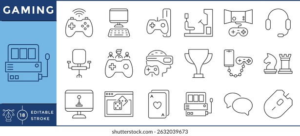 Conjunto de ícones de linha relacionados a jogos. Traçado editável de vetor. Console, cadeira, realidade virtual, gadget.