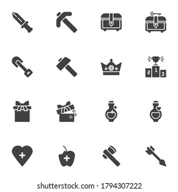 Gaming related vector icons set, modern solid symbol collection, filled style pictogram pack. Signs, logo illustration. Set includes icons as crown, sword, treasure chest, magic box, axe, arrow, heart