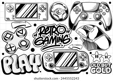 Gaming retro set of objects. Classic retro console gaming illustration in graffiti style