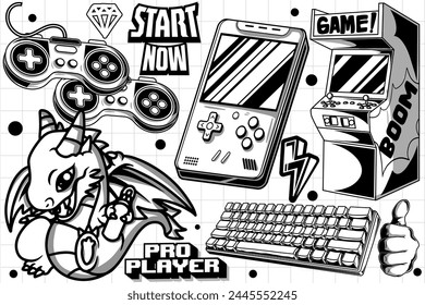 Gaming retro set of objects. Classic retro console gaming illustration in graffiti style