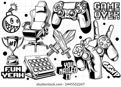 Gaming retro set of objects. Classic retro console gaming illustration in graffiti style