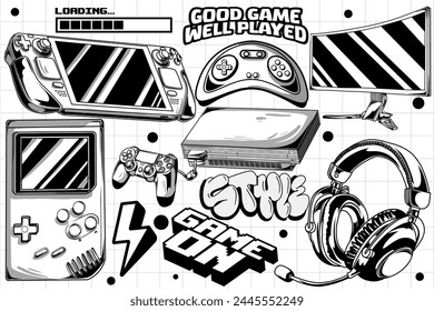 Gaming retro set of objects. Classic retro console gaming illustration in graffiti style