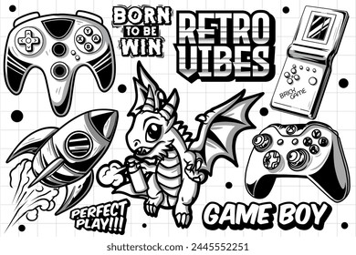 Gaming retro set of objects. Classic retro console gaming illustration in graffiti style