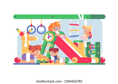 Gaming room interior composition with happy children. Cheerful smiling kids having fun at playroom of entertainment center vector illustration. Boys and girls sliding down and playing with toys