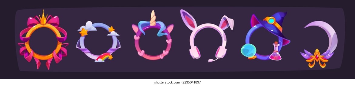 Gaming round frames for avatars, gamers characters borders, animals unicorn, rabbit, kawaii princess, witch, crescent, cloud and rainbow. Cartoon ui personages isolated gui graphic elements Vector set