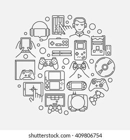 Gaming round illustration - vector console and mobile gaming symbol in thin line style