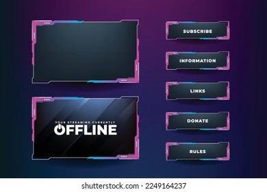 Gaming screen panel design with pink and blue colors. Unique broadcast screen border design for online gamers and streamers. Streaming overlay vector on a dark background and with buttons.