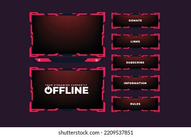 Gaming screen panel design with red borders on a dark background. Live streaming overlay vector with buttons for online gamers. Gamers screen panel decoration with abstract shapes and lights.