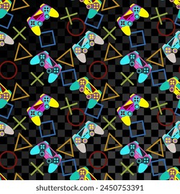 Gaming seamless pattern in a cyberpunk color palette on a transparent background for printing with the ability to edit. Abstraction of bright joysticks, gamepads or controllers