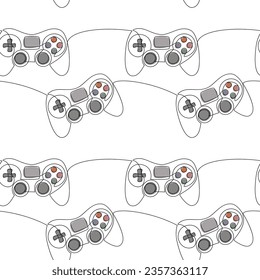 Gaming nahtlose Muster Vektor. Videospiele-Konsole Joystick-Symbol Linie kontinuierliche Zeichnung. Cartoon-Hintergrundgrafik. Grafikdesign, Lineardruck, Banner, Karte, Poster, Karte, Doodle-Wallpaper.