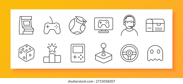 Icono de juego. Controlador, joystick, auriculares, consola, dados, estrella, pantalla, gamepad, fantasma, nivel, competencia, entretenimiento, tecnología, jugador, tabla de clasificación, diversión, arcade, virtual, desafío, victoria