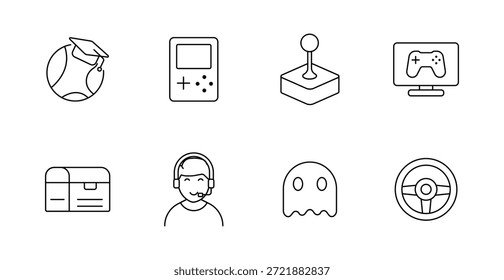 Spielesatz-Symbol. Globe mit Kappe, Konsole, Joystick, Monitor, Brust, Headset, Geist, Rad in klaren Linien gestylt betont Gameplay Elemente und Rollen.