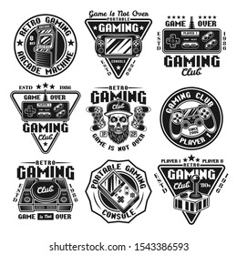 Gaming set of nine vector emblems, badges, labels or logos in retro style isolated on white background