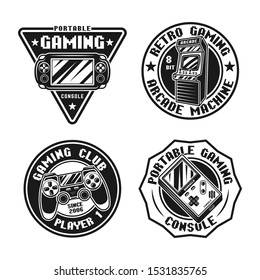 Gaming set of vector badges, emblems, labels or stickers in retro style isolated on white background