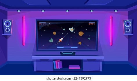 Gaming setup with a big screen tv on a stand and a console in a gamers room with neon lights and speakers. Playing shooting arcade with a spaceship and asteroids. Cartoon style vector background.