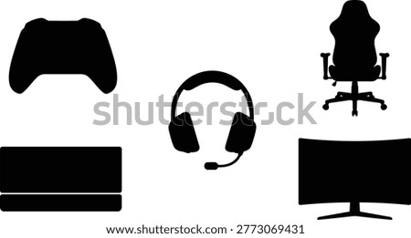 Gaming setup icons set including game controller headset console monitor