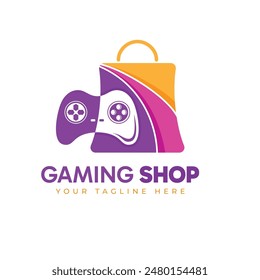 Diseño de logotipo de tienda de juegos. Colorido bolso de compras y controlador de juego combinación de logotipo concepto.