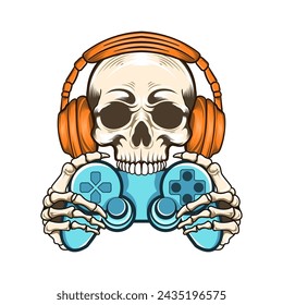 Calavera de juego con auriculares y soporte de videojuego