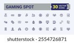 Gaming Spot icon set. Includes icons for color, bandit, watermelon, coin, gamble, vegas, fruit, bet. Set of line pictogram. Editable vector outline and solid icons.