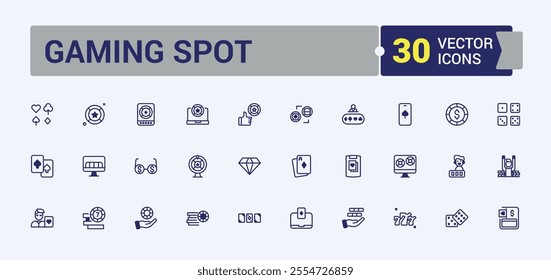 Gaming Spot icon set. Includes icons for color, bandit, watermelon, coin, gamble, vegas, fruit, bet. Set of line pictogram. Editable vector outline and solid icons.