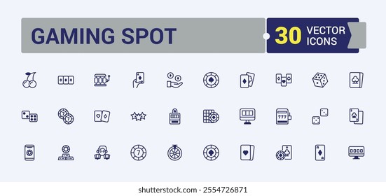 Gaming Spot icon set. Includes icons for color, bandit, watermelon, coin, gamble, vegas, fruit, bet. Set of line pictogram. Editable vector outline and solid icons.