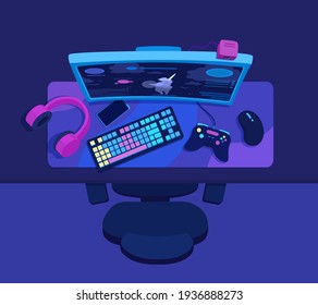 Gaming station. Gamer's desktop, workspace flat lay. PC video game equipment. Desk of a computer player. A vector cartoon illustration.