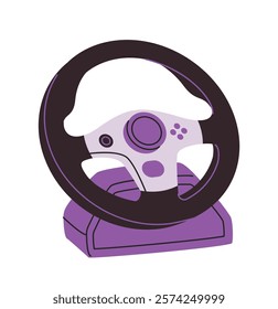 Gaming steering wheel with buttons, stylized in a creative purple and black vector design, placed on a white background. Concept of gaming accessories. Vector illustration