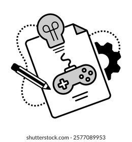 Gaming Strategy Icon – Game Controller with Document, Gear, and Pencil Representing Planning and Tactics