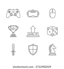 Gaming and Strategy Line Icons Set, Controller, VR Headset, Trophy and Chess Outline