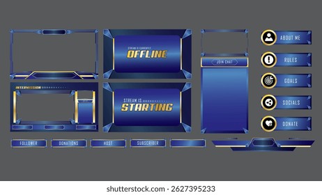 Pacote de Sobreposição de Fluxo de Jogos para Twitch - Interface do Usuário Blue Metallic